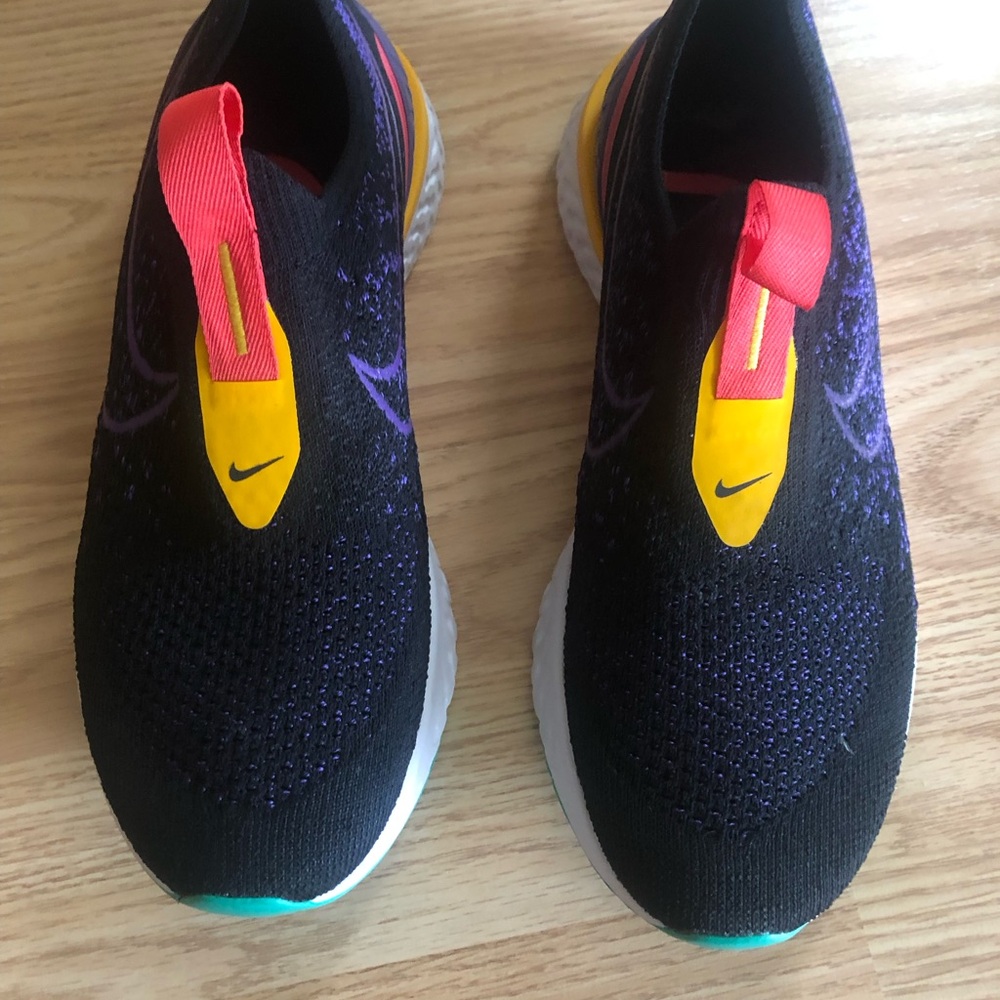 Nike Black Slip-On Runners with Yellow Tabs and Coral Pull Loops